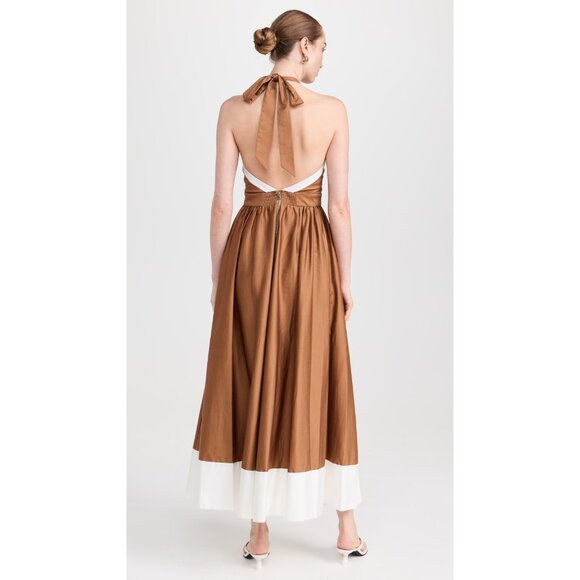 NWT Alice + Olivia Beatrix in Tan Vanilla Cotton Halter Maxi Dress 8 $595 - Picture 8 of 11